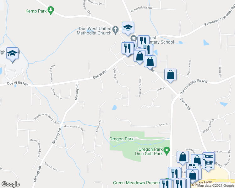 map of restaurants, bars, coffee shops, grocery stores, and more near 283 Pocono Court Northwest in Marietta
