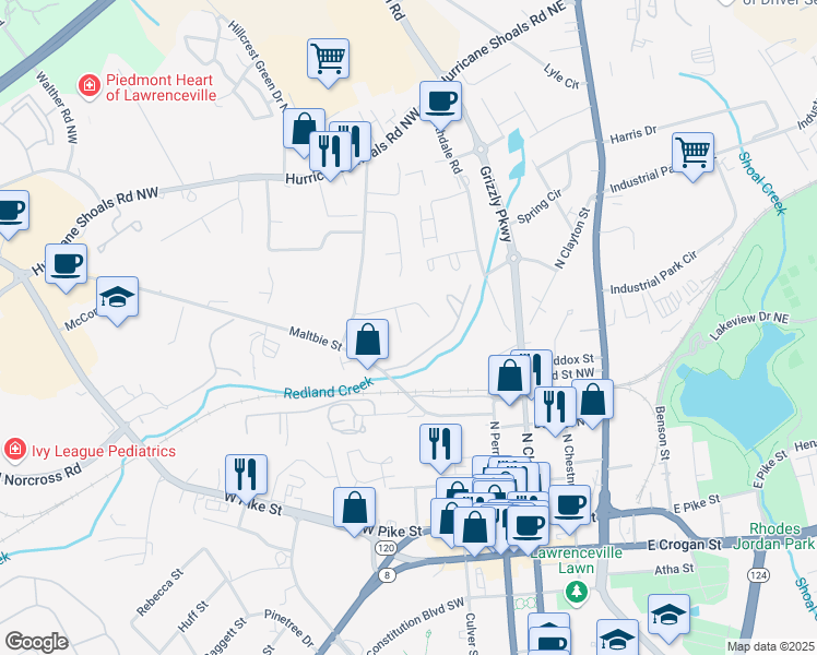 map of restaurants, bars, coffee shops, grocery stores, and more near 373 Dixie Court in Lawrenceville