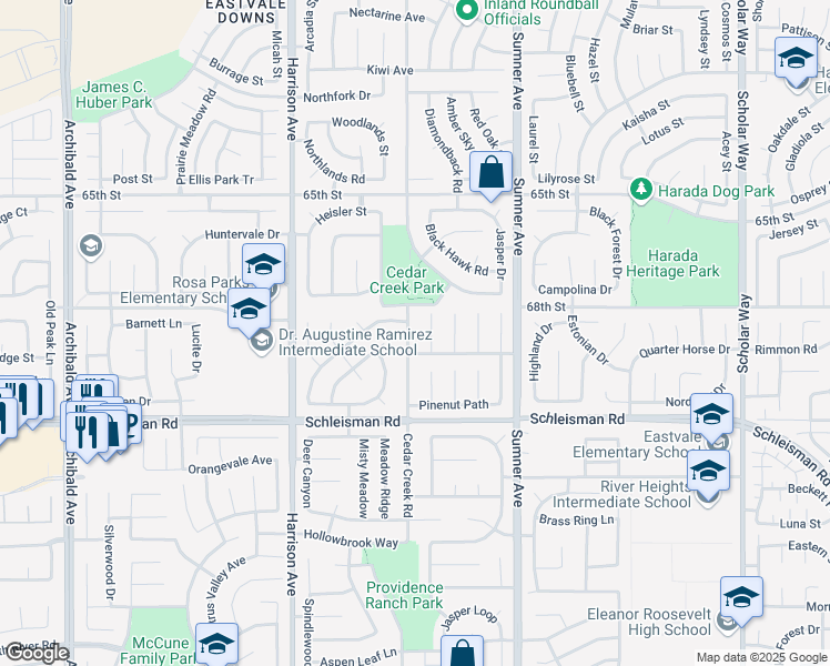 map of restaurants, bars, coffee shops, grocery stores, and more near 6852 Cedar Creek Road in Corona