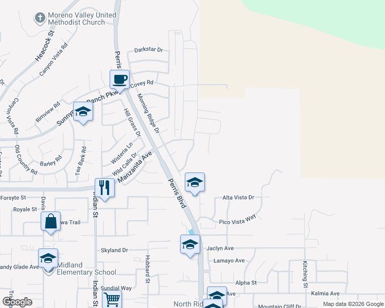 map of restaurants, bars, coffee shops, grocery stores, and more near 10826 Cloud Haven Drive in Moreno Valley