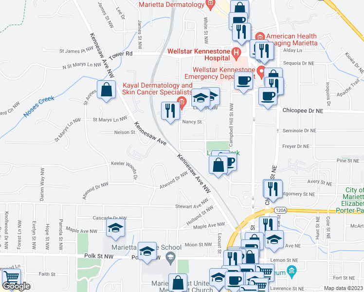 map of restaurants, bars, coffee shops, grocery stores, and more near 472 Sessions Street Northwest in Marietta