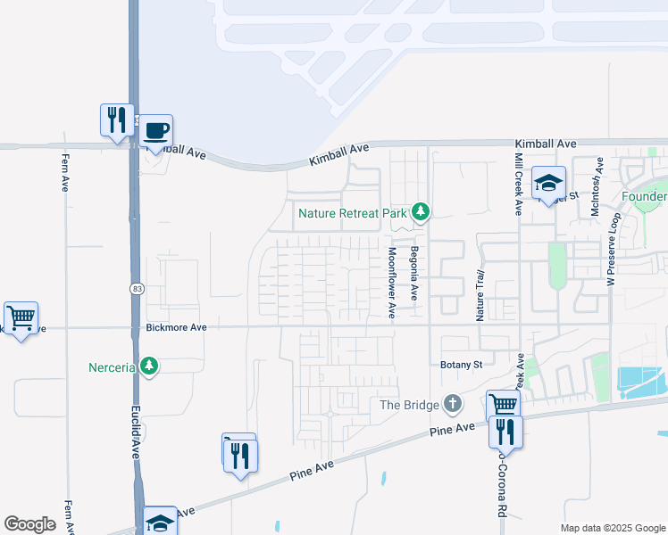 map of restaurants, bars, coffee shops, grocery stores, and more near 15969 Dexter Street in Chino