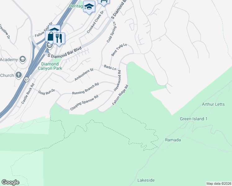 map of restaurants, bars, coffee shops, grocery stores, and more near 3422 Falcon Ridge Road in Diamond Bar