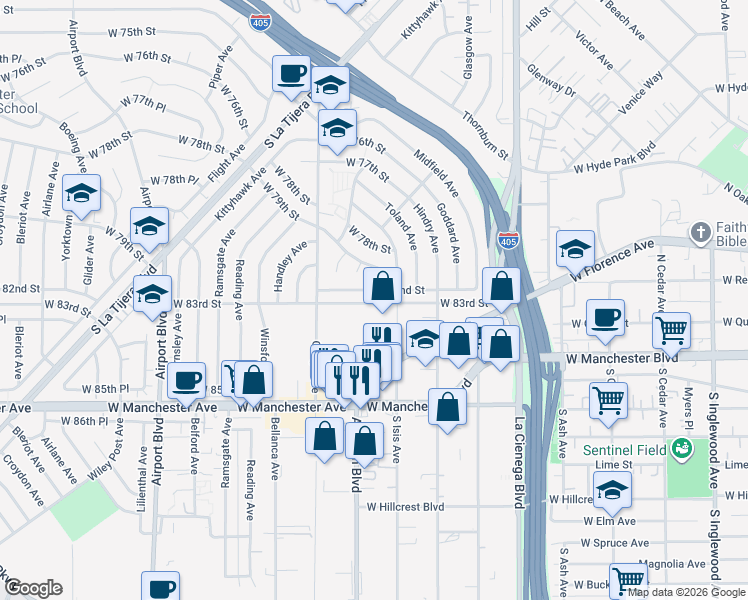map of restaurants, bars, coffee shops, grocery stores, and more near 5527 West 83rd Street in Los Angeles