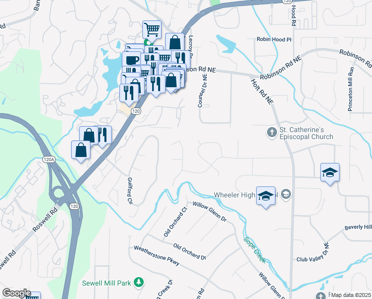 map of restaurants, bars, coffee shops, grocery stores, and more near 480 Springs End Lane in Marietta