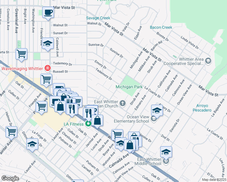 map of restaurants, bars, coffee shops, grocery stores, and more near 8321 Michigan Avenue in Whittier