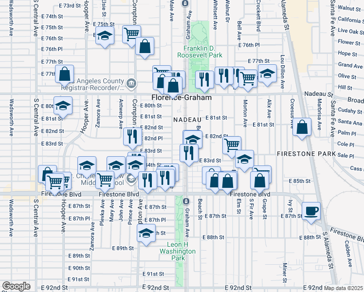 map of restaurants, bars, coffee shops, grocery stores, and more near 1678 East 82nd Place in Los Angeles