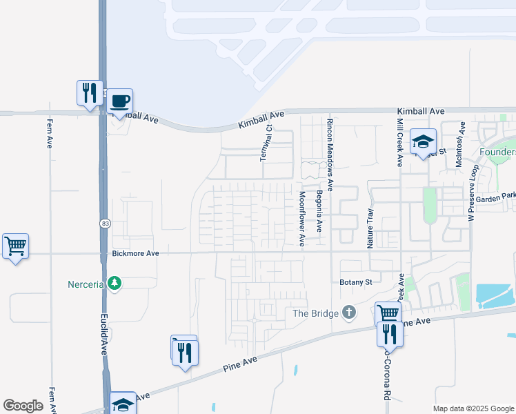 map of restaurants, bars, coffee shops, grocery stores, and more near 15969 Dexter Street in Chino