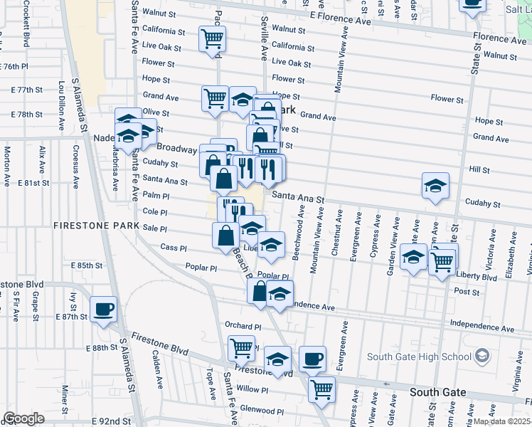 map of restaurants, bars, coffee shops, grocery stores, and more near 8130 Seville Avenue in South Gate