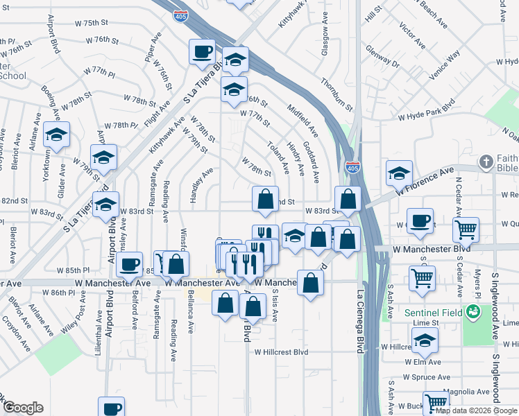 map of restaurants, bars, coffee shops, grocery stores, and more near 5527 West 83rd Street in Los Angeles
