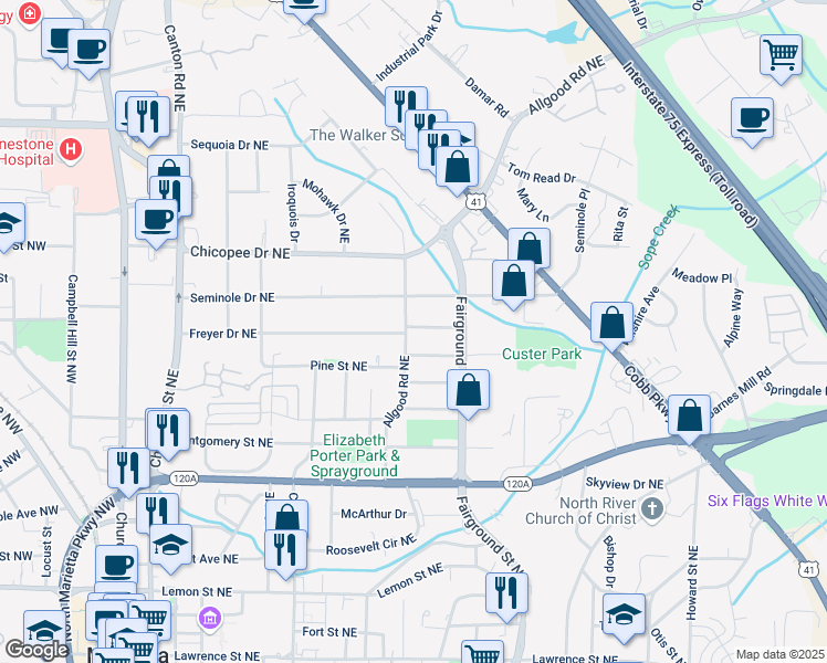 map of restaurants, bars, coffee shops, grocery stores, and more near 502 Allgood Road Northeast in Marietta