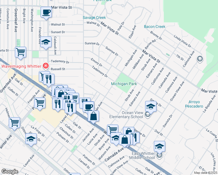map of restaurants, bars, coffee shops, grocery stores, and more near 8321 Michigan Avenue in Whittier