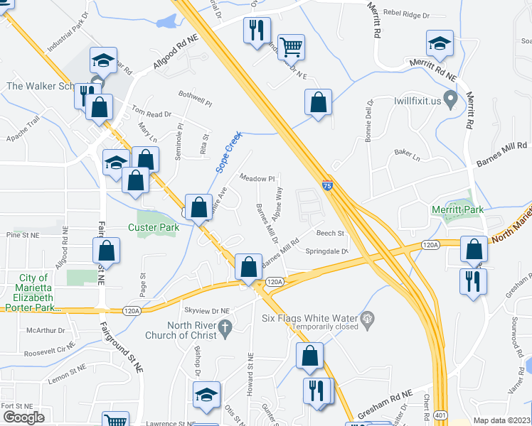 map of restaurants, bars, coffee shops, grocery stores, and more near 502 Barnes Mill Drive in Marietta