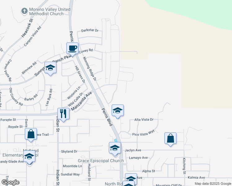 map of restaurants, bars, coffee shops, grocery stores, and more near 10826 Cloud Haven Drive in Moreno Valley