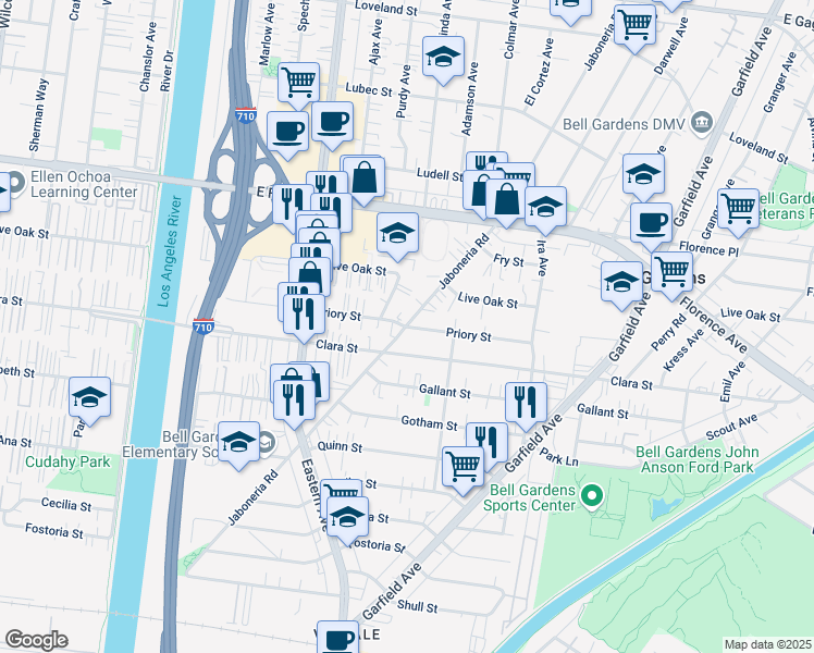 map of restaurants, bars, coffee shops, grocery stores, and more near Jaboneria Rd & Priory St in Bell Gardens