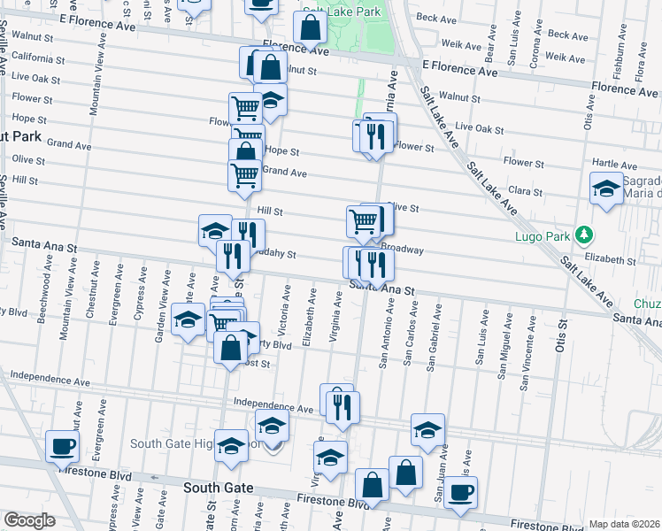 map of restaurants, bars, coffee shops, grocery stores, and more near 3420 Cudahy Street in Huntington Park