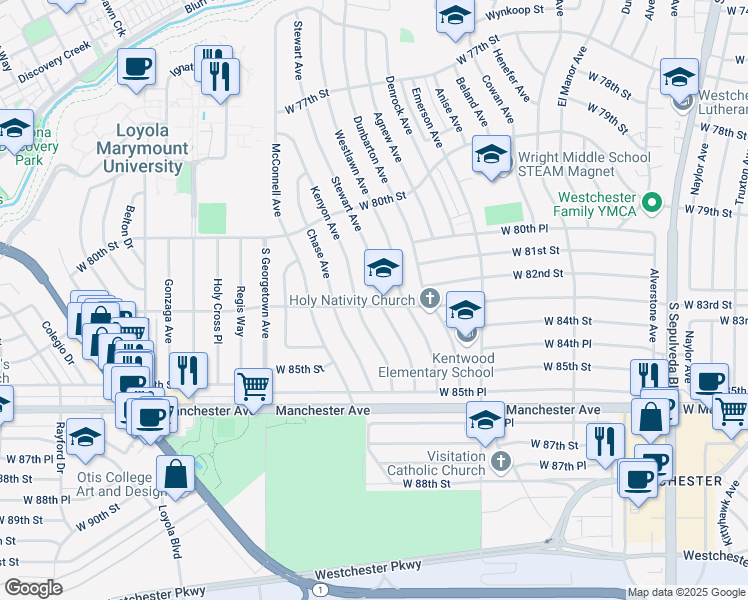 map of restaurants, bars, coffee shops, grocery stores, and more near 8227 Stewart Avenue in Los Angeles