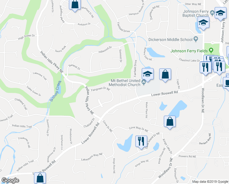 map of restaurants, bars, coffee shops, grocery stores, and more near 4220 Fairgreen Drive Northeast in Marietta