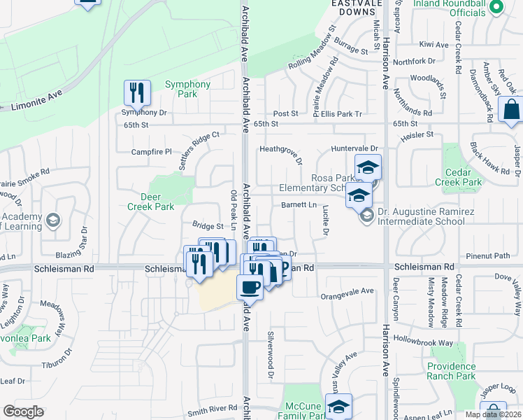 map of restaurants, bars, coffee shops, grocery stores, and more near 6875 Riverglen Drive in Corona