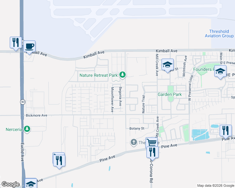 map of restaurants, bars, coffee shops, grocery stores, and more near 7669 Daphne Street in Chino