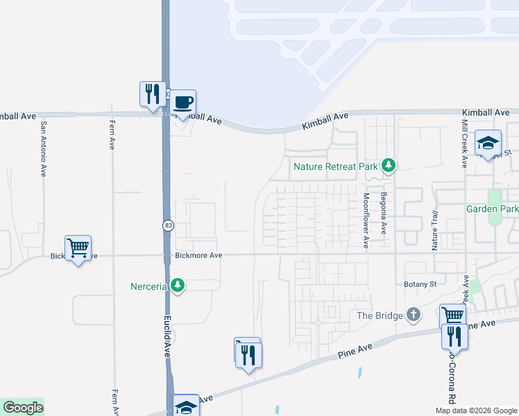 map of restaurants, bars, coffee shops, grocery stores, and more near 7110-7258 Bickmore Avenue in Chino
