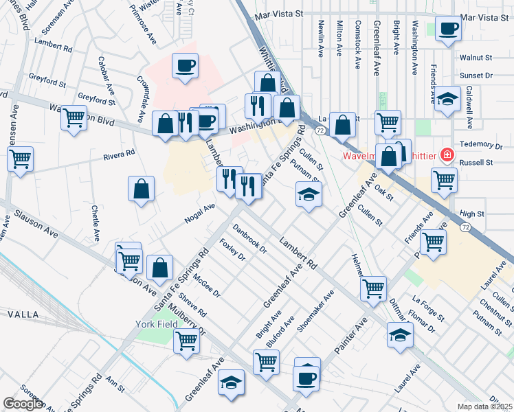 map of restaurants, bars, coffee shops, grocery stores, and more near 12622 Lambert Road in Whittier