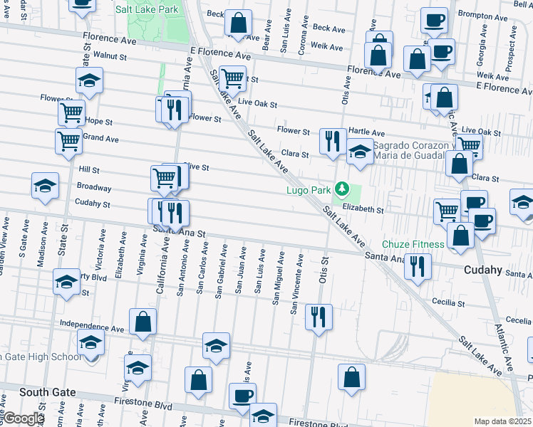 map of restaurants, bars, coffee shops, grocery stores, and more near 4006 Cudahy Street in Huntington Park