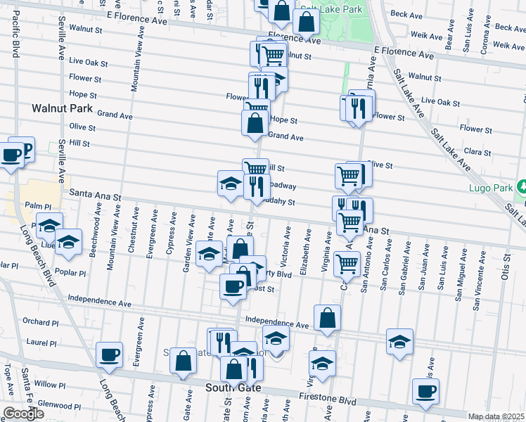 map of restaurants, bars, coffee shops, grocery stores, and more near 3247 Santa Ana Street in Huntington Park
