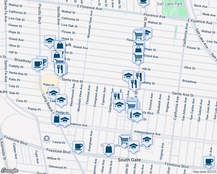 map of restaurants, bars, coffee shops, grocery stores, and more near 8133 Garden View Avenue in South Gate
