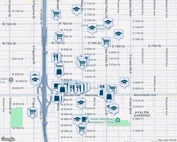 map of restaurants, bars, coffee shops, grocery stores, and more near 103 East 84th Street in Los Angeles