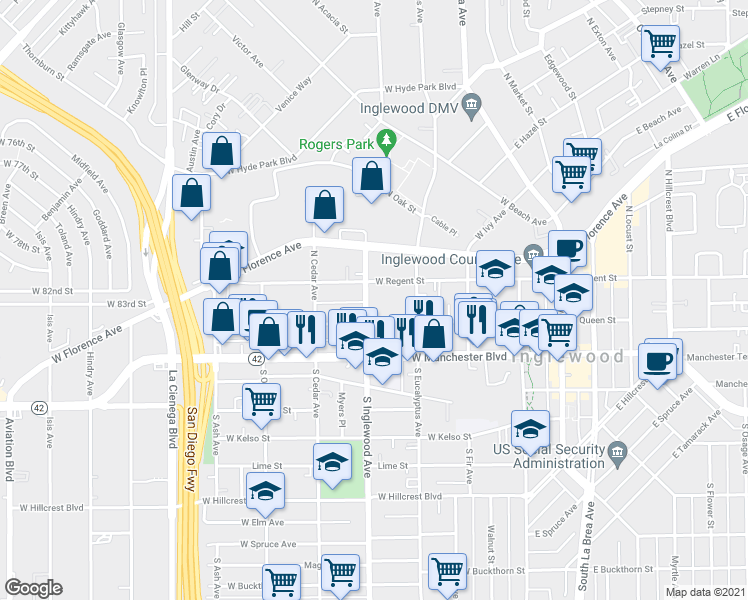 map of restaurants, bars, coffee shops, grocery stores, and more near 401 West Queen Street in Inglewood