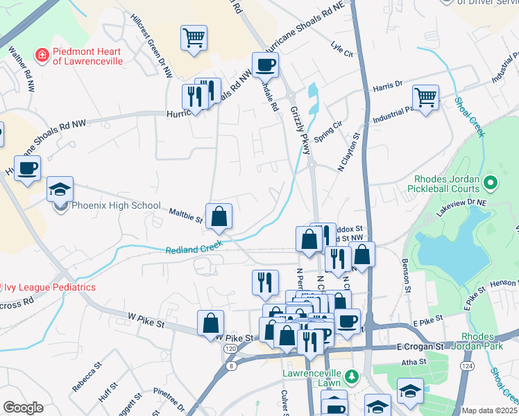 map of restaurants, bars, coffee shops, grocery stores, and more near 340 Maltbie Street in Lawrenceville