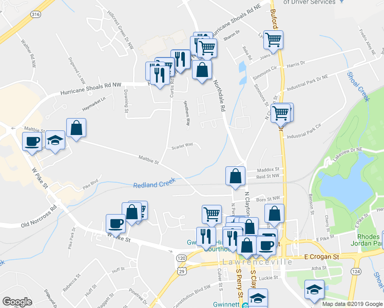 map of restaurants, bars, coffee shops, grocery stores, and more near 373 Dixie Court in Lawrenceville