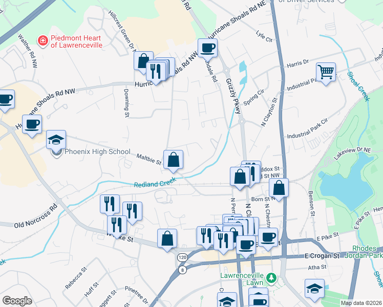map of restaurants, bars, coffee shops, grocery stores, and more near 354 Dixie Court in Lawrenceville