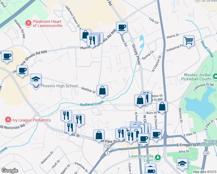 map of restaurants, bars, coffee shops, grocery stores, and more near 354 Dixie Court in Lawrenceville