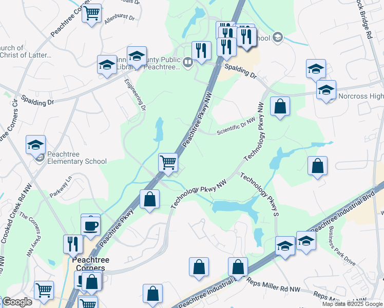 map of restaurants, bars, coffee shops, grocery stores, and more near 5696 Peachtree Parkway in Norcross