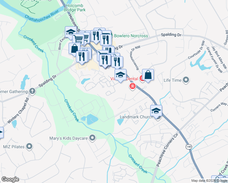 map of restaurants, bars, coffee shops, grocery stores, and more near 6205 Meadow Run Court in Norcross