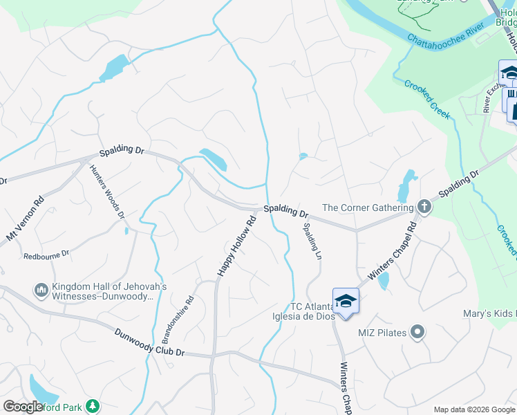 map of restaurants, bars, coffee shops, grocery stores, and more near 4040 Spalding Drive in Atlanta