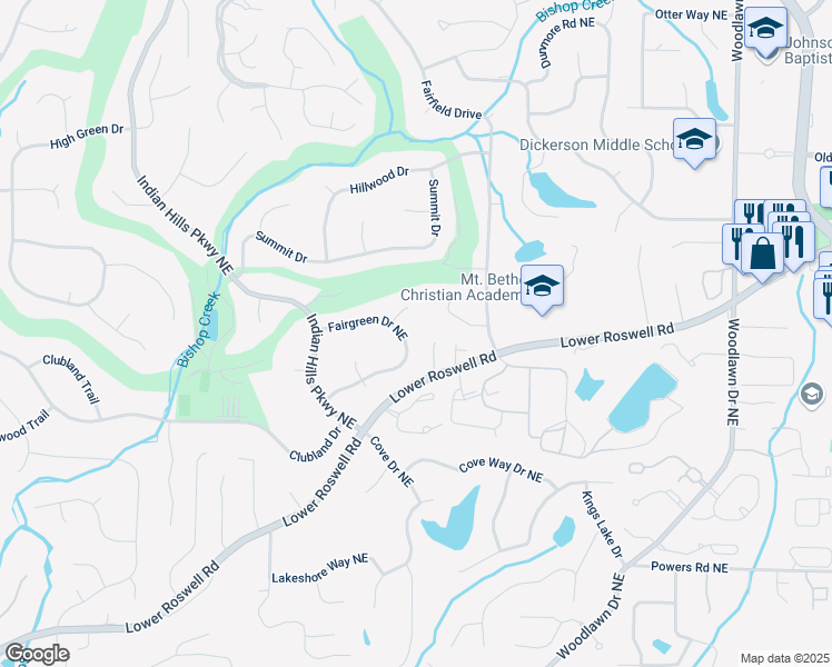 map of restaurants, bars, coffee shops, grocery stores, and more near 4220 Fairgreen Drive Northeast in Marietta
