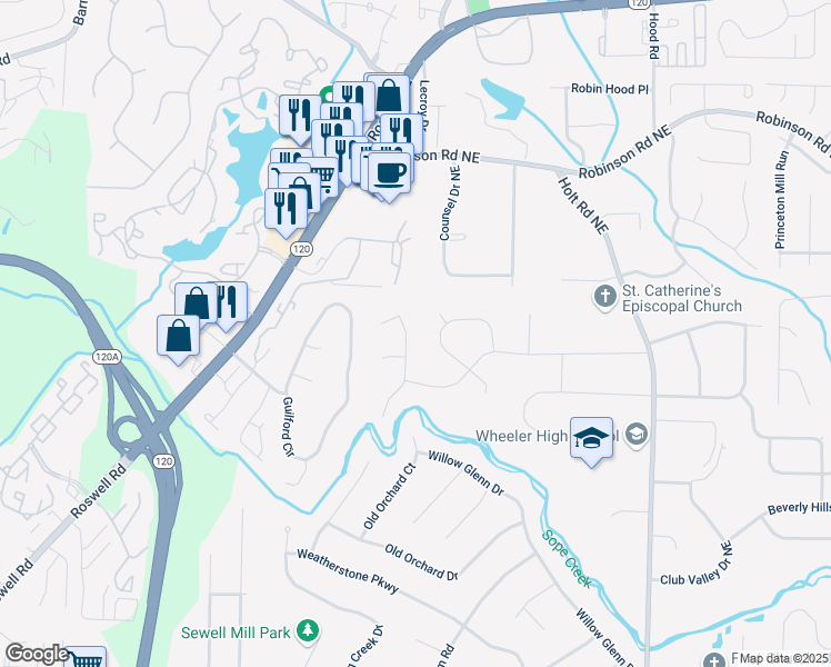 map of restaurants, bars, coffee shops, grocery stores, and more near 480 Springs End Lane in Marietta