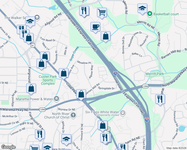 map of restaurants, bars, coffee shops, grocery stores, and more near in Marietta