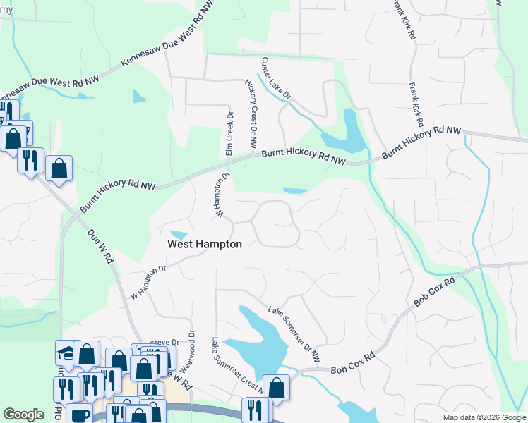 map of restaurants, bars, coffee shops, grocery stores, and more near 3391 Bridle Run Trail Northwest in Marietta