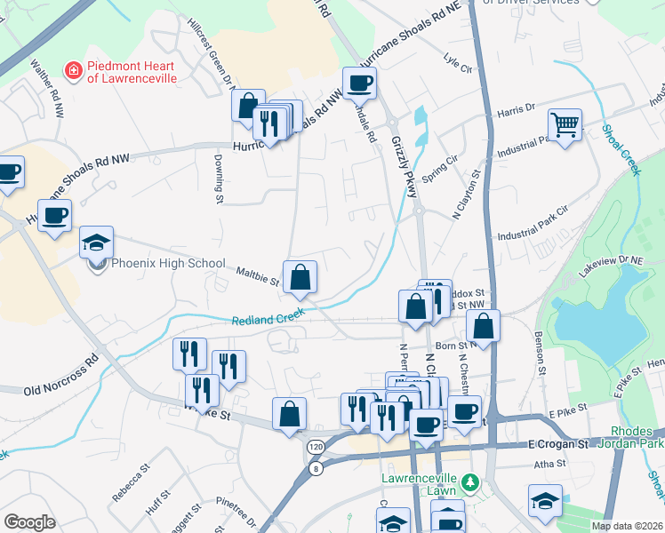 map of restaurants, bars, coffee shops, grocery stores, and more near 354 Dixie Court in Lawrenceville