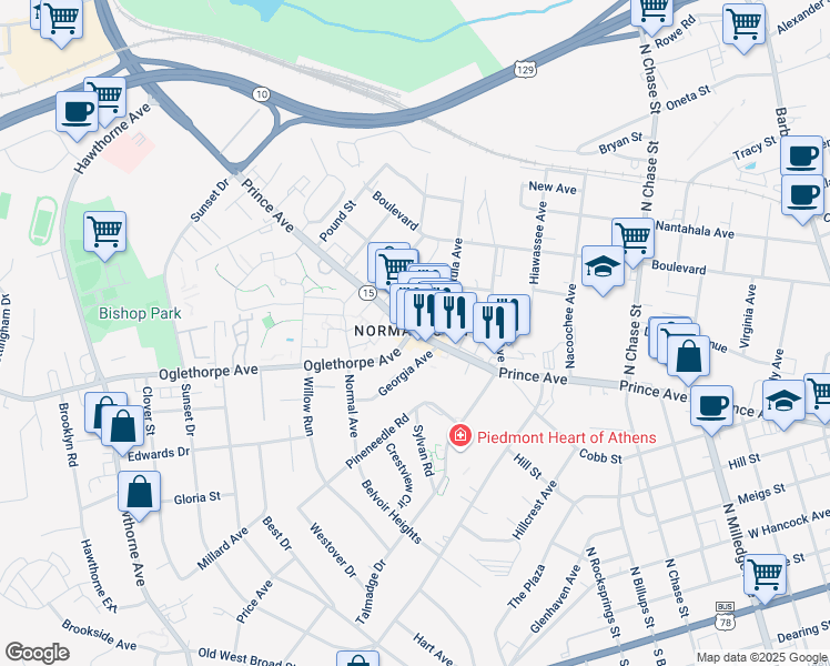map of restaurants, bars, coffee shops, grocery stores, and more near 1401 Prince Avenue in Athens