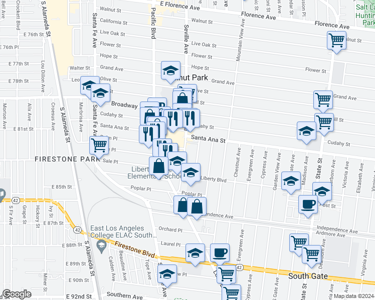 map of restaurants, bars, coffee shops, grocery stores, and more near 8130 Seville Avenue in South Gate