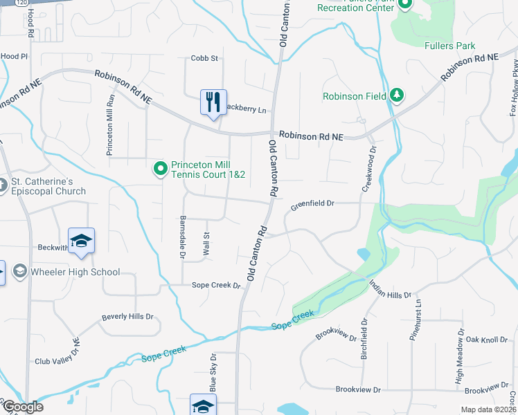 map of restaurants, bars, coffee shops, grocery stores, and more near 513 Old Canton Road in Marietta