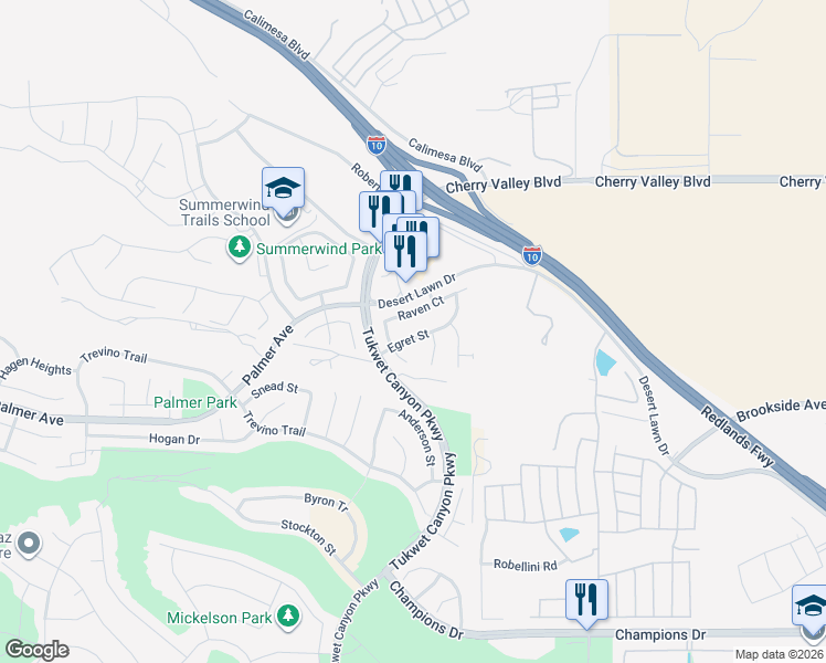 map of restaurants, bars, coffee shops, grocery stores, and more near 1022 Egret Street in Calimesa