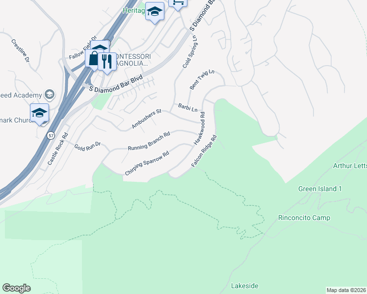 map of restaurants, bars, coffee shops, grocery stores, and more near 21530 Chirping Sparrow Road in Diamond Bar