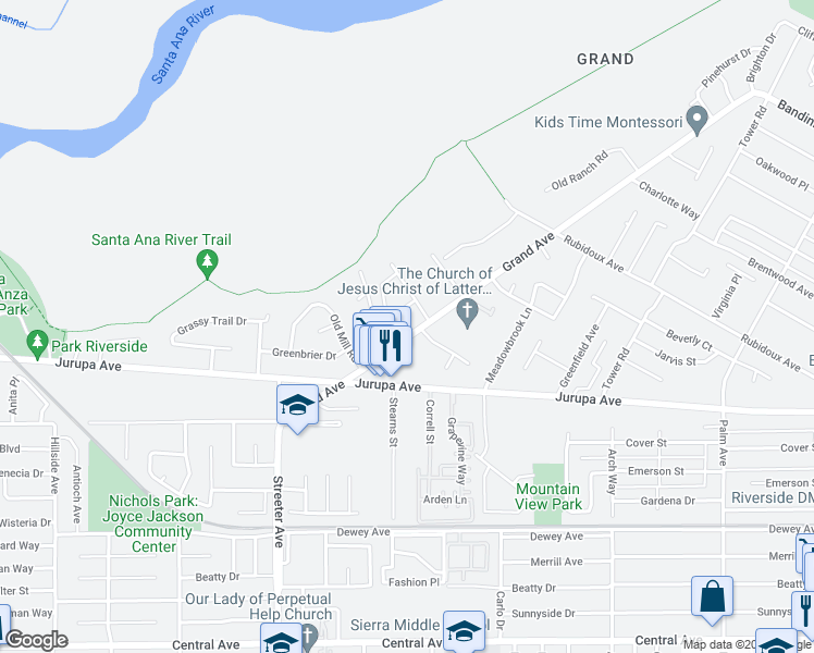 map of restaurants, bars, coffee shops, grocery stores, and more near 5935 Grand Avenue in Riverside