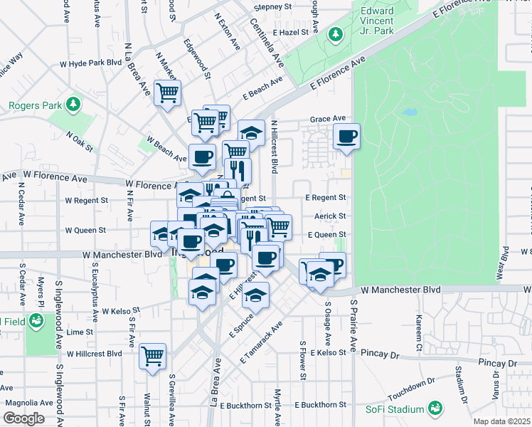 map of restaurants, bars, coffee shops, grocery stores, and more near 119 North Hillcrest Boulevard in Inglewood